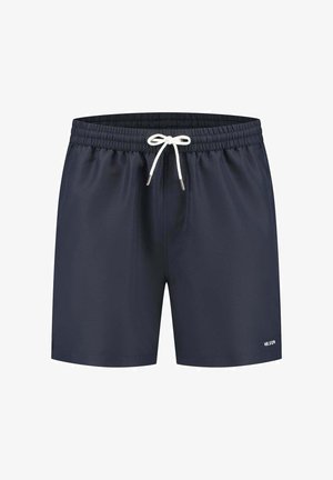 Marine zwemshorts van lichtgewicht stof, met een elastische tailleband en een witte koordsluiting, en subtiele branding op het rechterbeen.