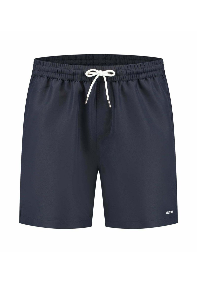 Marine zwemshorts van lichtgewicht stof, met een elastische tailleband en een witte koordsluiting, en subtiele branding op het rechterbeen.