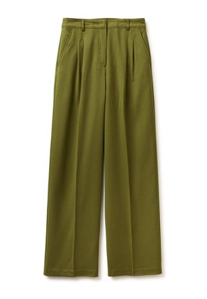Olijfgroene, wijde broek gemaakt van een gladde stof met twee voorzakken en geplooide details bij de taille.