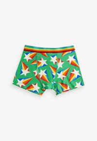 Grønne boksershorts med stjernemønster og farverige trekanter, med en regnbuefarvet elastik i taljen. Lavet af en blød stof.