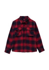 Rood en donkerblauw geruite flanellen shirt met lange mouwen, twee voorzakken en een knoopsluiting kraag. Zachte textuur en relaxte pasvorm.