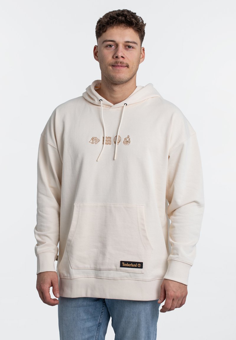 Felpa beige realizzata in tessuto morbido, con tasca a marsupio, cappuccio regolabile con cordino e etichetta del logo Timberland sull'orlo. Design grafico sottile sul davanti.
