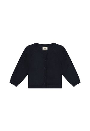 Cardigan da neonato in maglia blu navy con maniche lunghe, scollo rotondo, chiusura con bottoni e delicato motivo floreale in rilievo sulle maniche.