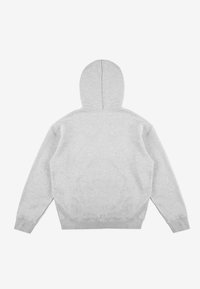 Prosty szary hoodie wyświetlony z tyłu, z zaokrąglonym kapturem i ściągaczami, podkreślający jego prosty, casualowy design.