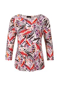 Leichtes Langarmshirt mit einem mehrfarbigen abstrakten Muster und roten, lila und schwarzen Akzenten auf einem weißen Hintergrund.