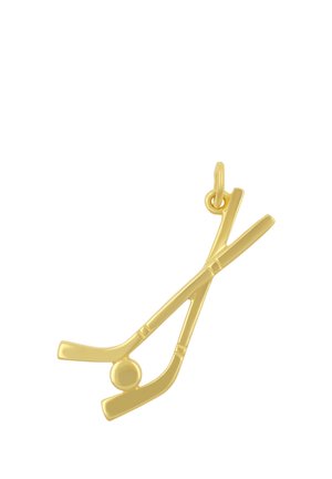 Goldener Anhänger in Form von zwei gekreuzten Hockeyschlägern mit einem Puck an der Schnittstelle und einer Öse zum Befestigen an einer Kette.