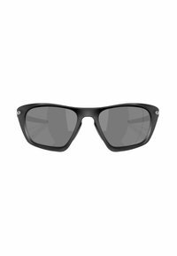 Lunettes de soleil rectangulaires noires avec verres gris, présentant une finition mate, un design de monture angulaire unique et des accents matériels minimaux aux charnières.