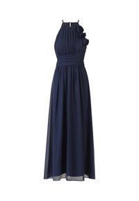 Dunkelblaues Kleid mit Trägern, geraffter Textur, asymmetrischen Blumenakzenten an einer Schulter und einem fließenden, bodenlangen Rock.