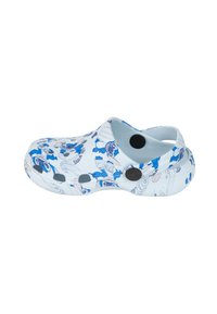 White clog with blue cartoon patterns, featuring a molded design, ventilation holes, and two black buttons on the side.