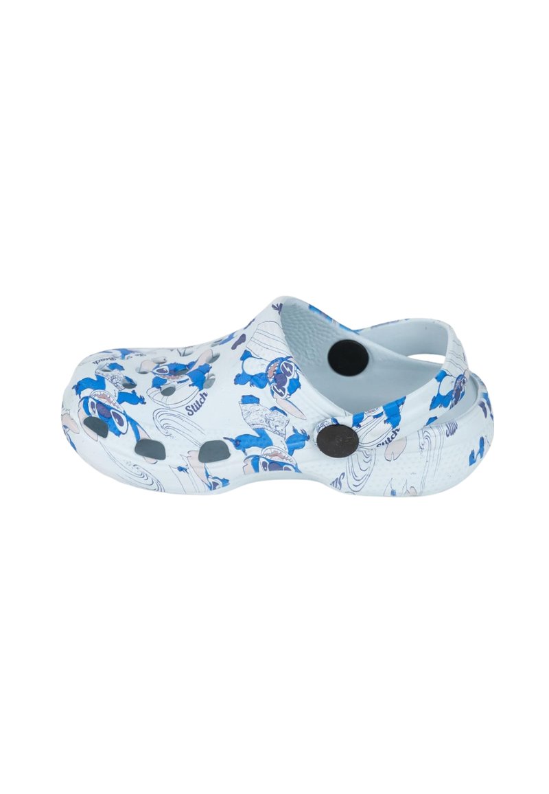 White clog with blue cartoon patterns, featuring a molded design, ventilation holes, and two black buttons on the side.