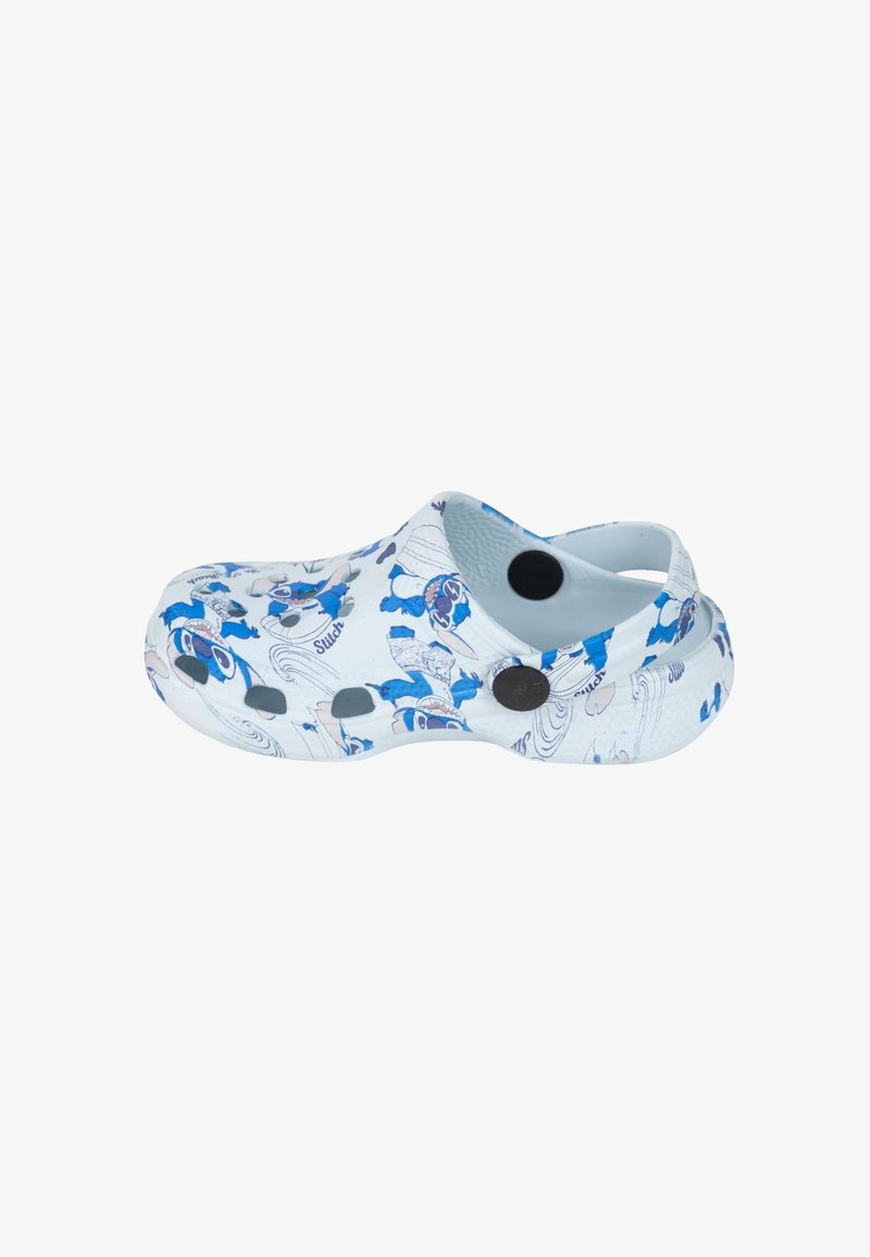 White clog with blue cartoon patterns, featuring a molded design, ventilation holes, and two black buttons on the side.