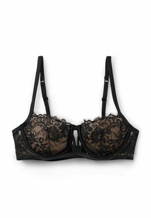 Black bra featuring lace cups with floral patterns, underwire support, and adjustable straps. Smooth fabric along the band enhances fit.