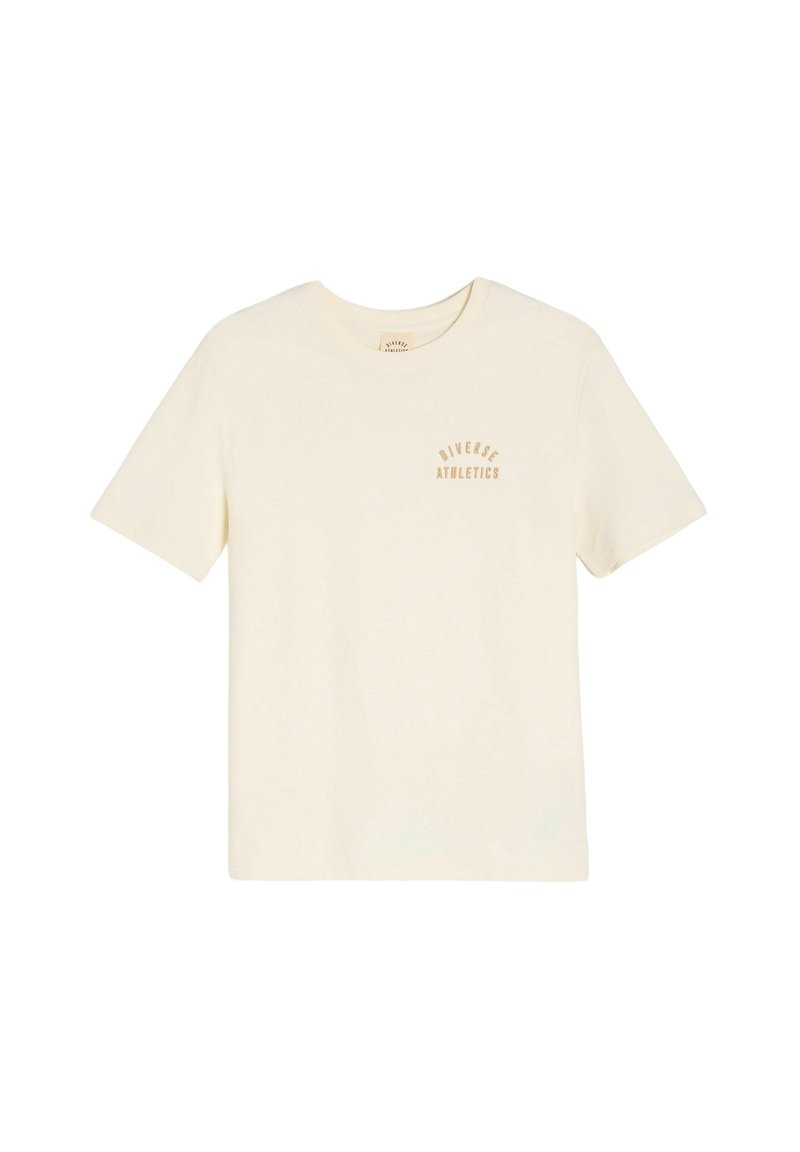 Koszulka z krótkim rękawem w kolorze kremowym, z bawełny, z nadrukiem w kształcie krzywej "Diverse Athletics" w jasnym brązowym kolorze na lewej stronie klatki piersiowej.