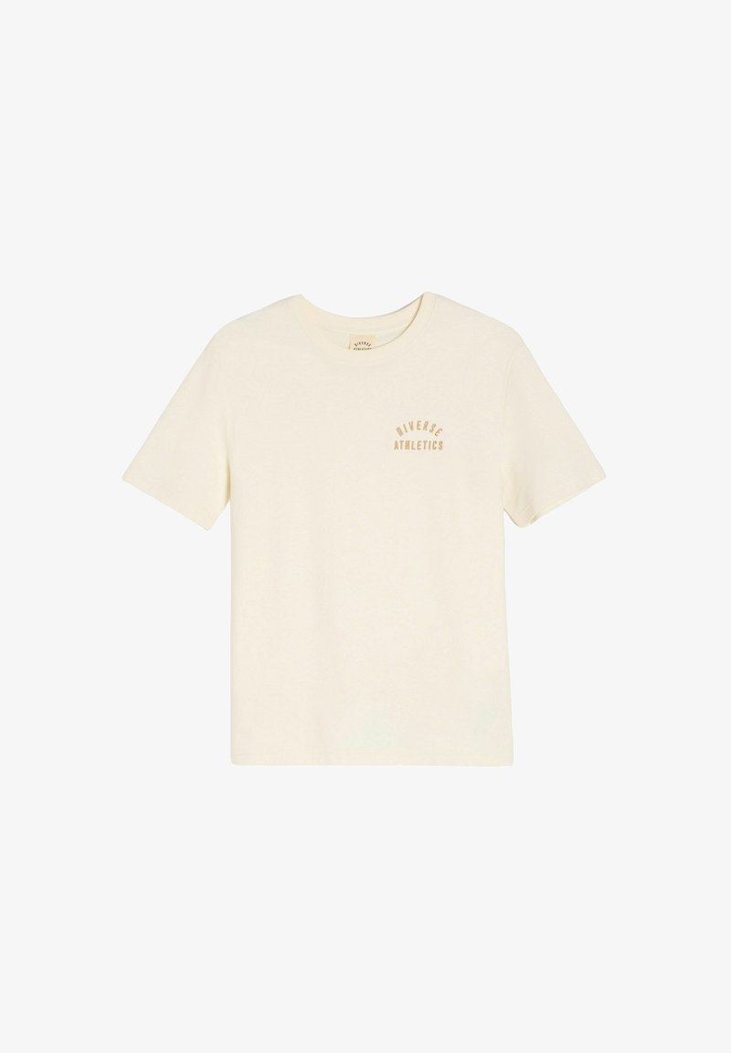Koszulka z krótkim rękawem w kolorze kremowym, z bawełny, z nadrukiem w kształcie krzywej "Diverse Athletics" w jasnym brązowym kolorze na lewej stronie klatki piersiowej.
