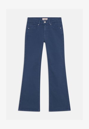 Blue flared jeans with a mid-rise waist, featuring front pockets, metal button closure, and a smooth denim texture.