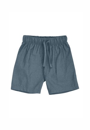 Blå elastiske shorts med snøre foran, lavet af letvægtsstof, designet til afslappet brug.