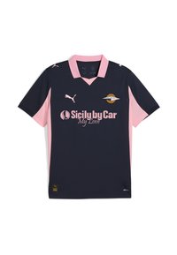 Granatowo-różowa koszulka piłkarska z dekoltem w serek, z logo i napisem "Sicily by Car My Love" w kolorze różowym. Wykonana z oddychającego materiału.