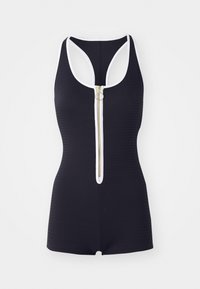 Costume da bagno intero nero con zip frontale e rifiniture bianche. Presenta una texture a coste e un design racerback. Accenti in oro.