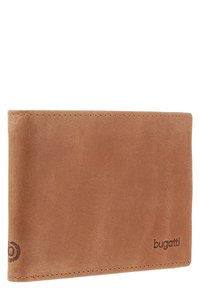 Portafoglio in pelle marrone con una texture liscia, design minimalista, caratterizzato da cuciture sottili e dal logo "bugatti" embossato nella parte anteriore.