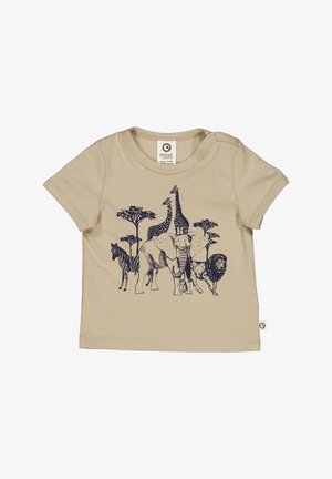 Beige katoen t-shirt met korte mouwen, voorzien van een donkerblauw dierenafdrukontwerp, inclusief een giraffe, olifant, leeuw en zebra.