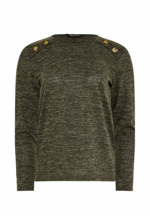 Langärmliger, dunkelolivgrüner Strickpullover mit rundem Halsausschnitt und jeweils drei dekorativen goldenen Knöpfen auf jeder Schulter.