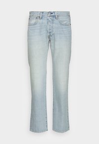 Světle modré džíny vyrobené z denimu, s rovnými nohavicemi, klasickým designem pěti kapes a mírným vyblednutím pro opotřebovaný vzhled.