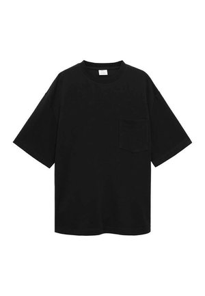 Musta puuvillapaita pyöreällä kauluksella, lyhyillä hihoilla, yksittäisellä rintataskulla ja väljällä mitoituksella. Sileä pinta ja minimalistinen muotoilu.