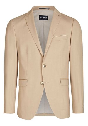 Beige Anzugjacke mit zwei Knöpfen, Reverskragen, einer Brusttasche und zwei Seitentaschen. Hergestellt aus einem glatten Stoff.