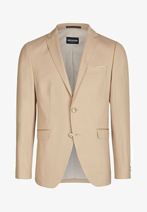 Beige blazer med to-knaps lukning, spidse slag, en enkelt brystlomme og to sidelommer. Fremstillet af et glat stof.