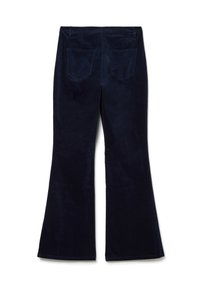Pantalones de pana azul oscuro con piernas acampanadas y dos bolsillos traseros, mostrados desde la parte trasera sobre un fondo blanco.