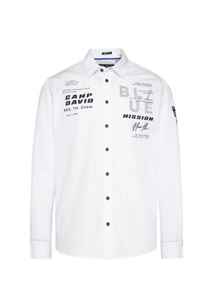 White long-sleeve shirt with a button-up front, featuring black and gray printed text, black buttons, and a classic collar design.