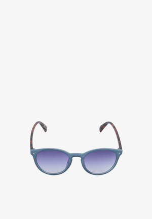 Ringikujulised päikeseprillid sinise valguslaiguga läätsedega ja kilpkonnamustriliste sangadega, kujutatud valgel taustal.