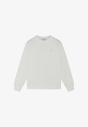 Sudadera blanca con cuello redondo, mangas largas y un pequeño logo bordado de calavera y huesos cruzados en el lado izquierdo del pecho.