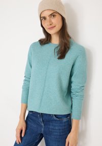 Turkoois gebreide trui met een ronde hals en geribbelde manchetten. Gekocht met blauwe jeans; het model heeft lang haar en een beige muts.