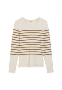 Crème lange mouwen shirt met horizontale bruine strepen over de borst en bovenarmen, ronde hals, en Marc O’Polo label binnenin de kraag.