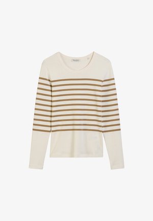 Cremfarbendes Langarmshirt mit horizontalen braunen Streifen über die Brust und Oberarme, Rundhalsausschnitt und Marc O’Polo-Etikett im Kragen.