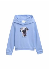 Felpa con cappuccio leggera blu, in misto cotone, caratterizzata da una stampa di un volto di cane cartone con macchie nere e un dettaglio di farfalla, modello pullover.