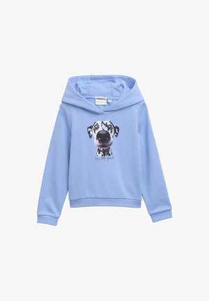 Svetlo modra pulover z kapuco, iz mešanice bombaža, z natisnjeno risano pasjo obrazom z črnimi madeži in poudarkom v obliki metulja, pulover stil.