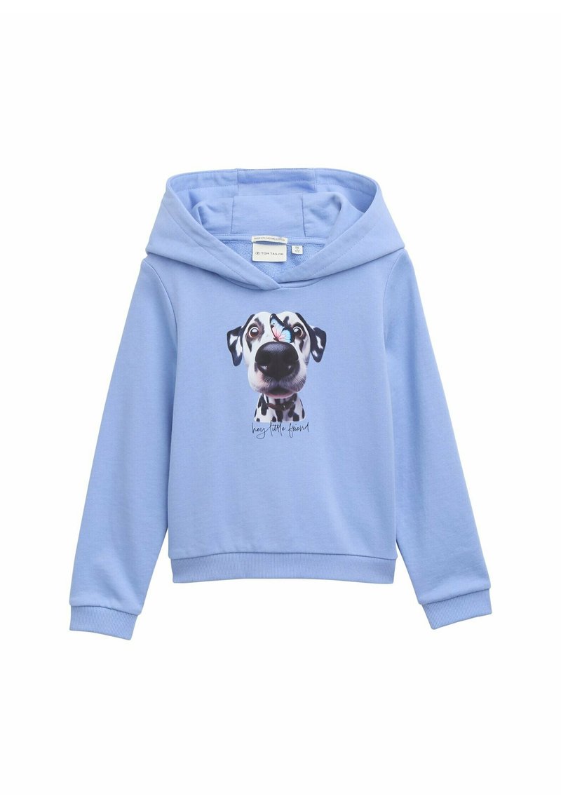 Felpa con cappuccio leggera blu, in misto cotone, caratterizzata da una stampa di un volto di cane cartone con macchie nere e un dettaglio di farfalla, modello pullover.
