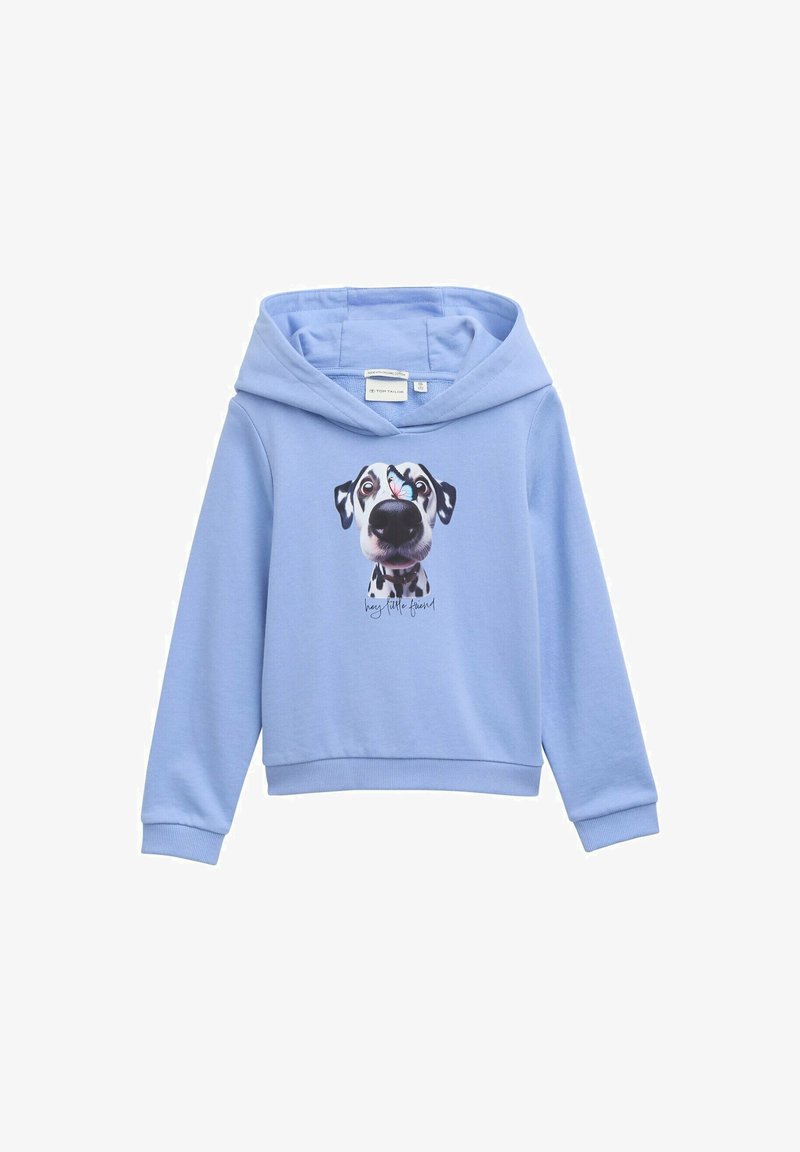 Világoskék pulóver kapucnis felső, pamut keverékből készült, nyomtatott rajzfilm kutyafővel, fekete foltokkal és pillangó díszítéssel, pulóver stílus.