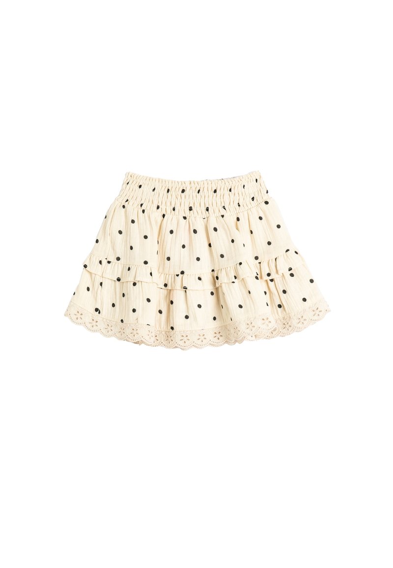 Gonna beige chiaro con pois neri, design a rouches sovrapposte e orlo in pizzo ondulato. Vita elastica per una vestibilità comoda.