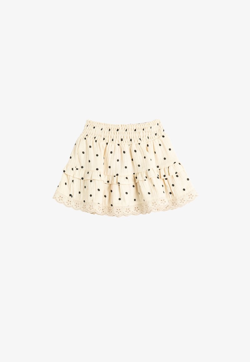 Gonna beige chiaro con pois neri, design a rouches sovrapposte e orlo in pizzo ondulato. Vita elastica per una vestibilità comoda.