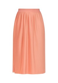 Jupe midi plissée en pêche doux, avec une taille lisse et une texture verticale. Le tissu est léger, offrant une silhouette fluide.