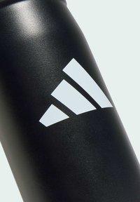 Black stainless steel water bottle featuring a matte finish and a prominent white three-stripe logo. Cylindrical shape with no visible hardware.