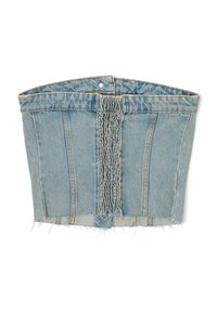 Jeanskorsett i ljusblått med en strukturerad design, fransad nederkant och samlad detaljer i mitten. Metallknäppning upptill.
