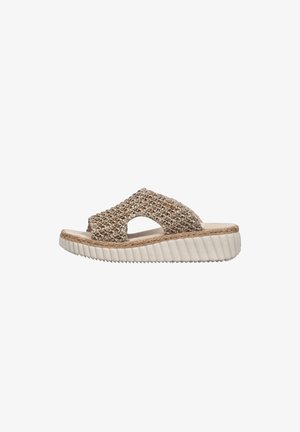 Beige woven slip-on sandal with open toe, jute trim, and thick white ridged sole designed for casual wear.
