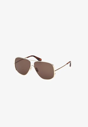 Gold metal aviator sunglasses with brown tinted lenses and tortoiseshell temple tips on white background.