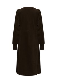 Braunes Cordkleid, lange Ärmel, runder Ausschnitt, A-Linien-Form, strukturierten Stoff, Nahtdetails in der Taille und gerippte Bündchen.