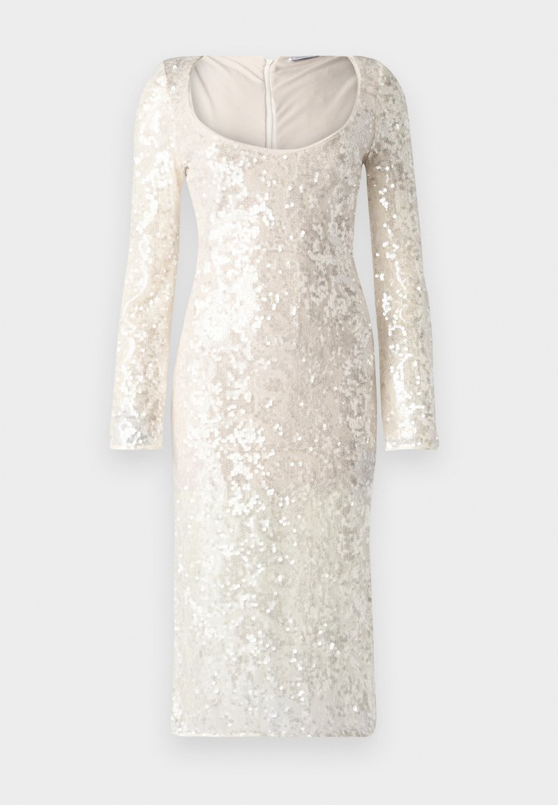 Długo-słupkowa, kremowa sukienka pokryta cekinami, z okrągłym dekoltem i dopasowaną sylwetką. Posiada zapięcie na zamek z tyłu.