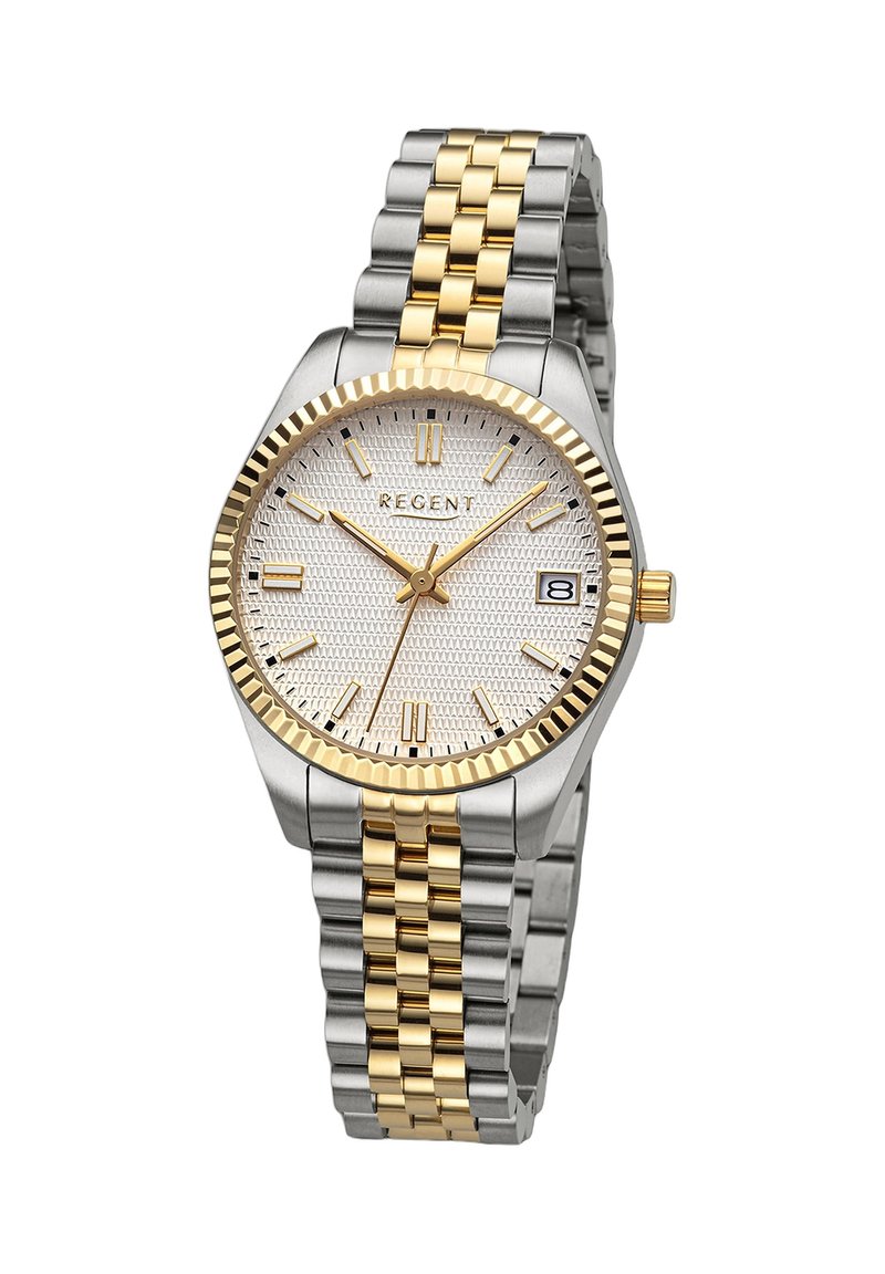 Montre en acier inoxydable argent et or avec un cadran texturé argenté, des accents dorés et un affichage de la date. Elle comporte une lunette striée et un bracelet à maillons.